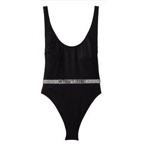 VICTORIA'S‎ SECRET Shine Strap Plunge Swimsuit Side Boob High Cut Black Bling M